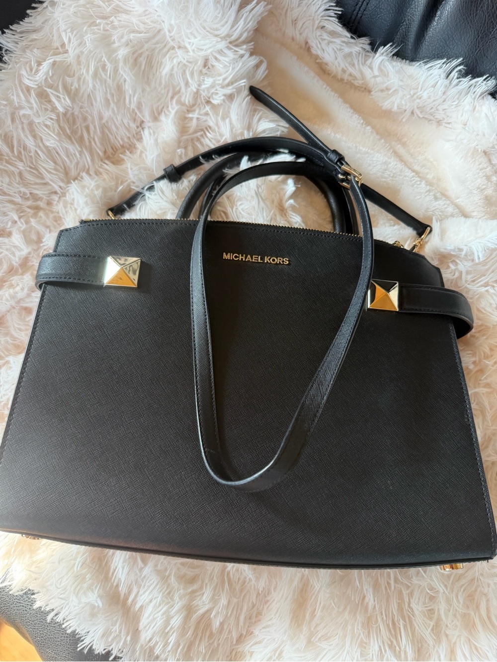 Michael Kors Black Leather Satchel with Gold Accents - Picture 8 of 10